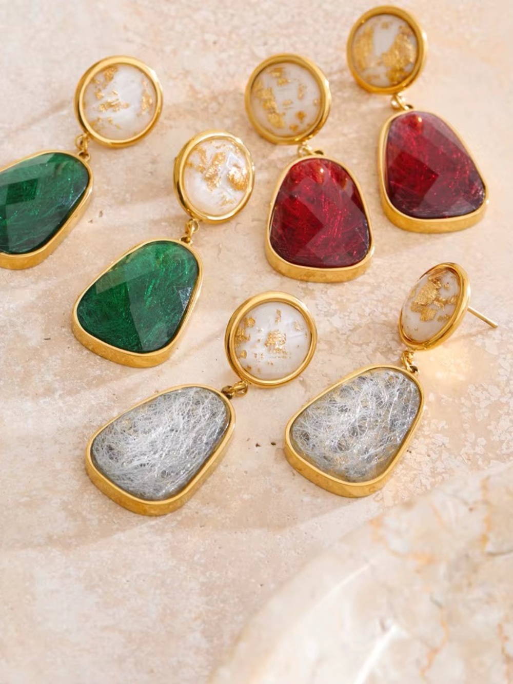 Gold Drop Earrings with Marbled and Gemstone Panels - Green, Red, Silver